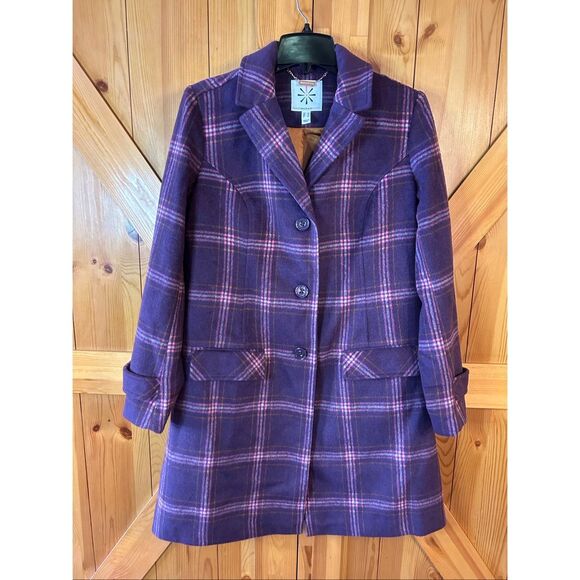 Isaac Mizrahi Lined Wool Blend Button Up Purple Plaid Coat Size Small (5543) - Picture 1 of 9